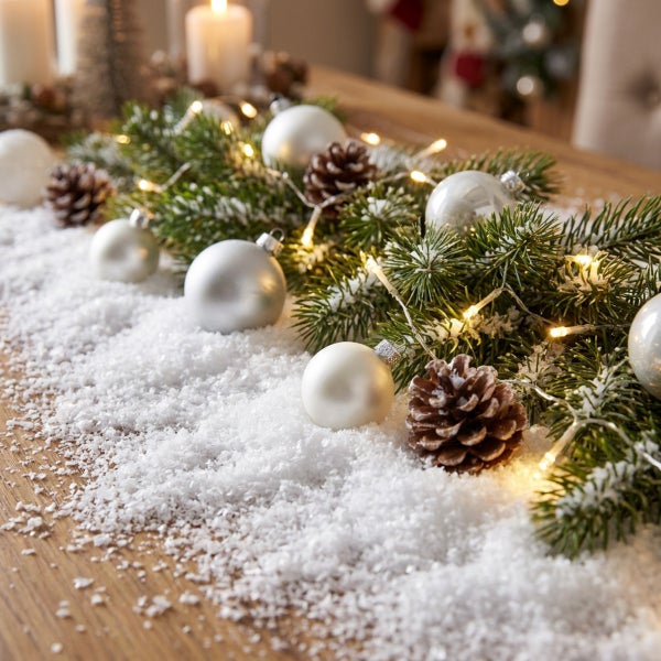 Weihnachtliche Tischdekoration mit Tannenzweigen, glänzenden Weihnachtskugeln, Kiefernzapfen, Kunstschnee und einer LED Lichterkette auf Holz