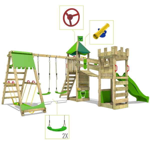 FATMOOSE Spielturm Ritterburg RiverRun mit Schaukel SurfSwing und Rutsche, Spielhaus mit Sandkasten, Leiter und Spiel-Zubehör - apfelgrün
