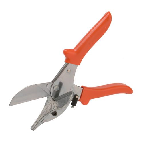 Gehrungsschere aus Metall mit verstellbarem Winkelanschlag und ergonomischen Griffen.