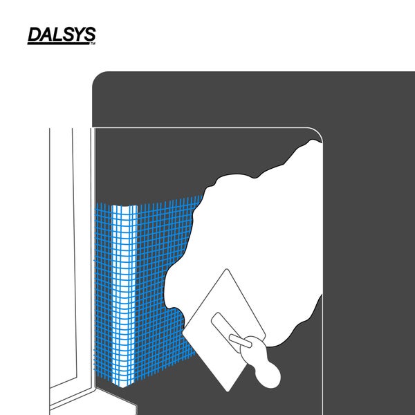 DALSYS Logo. Illustration zur Montage eines Eckschutzprofils mit Gewebe an einer Wand unter Verwendung von Glättkelle und Spachtelmasse.