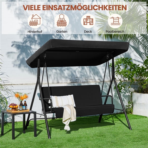 Schwarze Hollywoodschaukel mit verstellbarem Sonnendach auf Kunstrasen, Symbole für Einsatz im Garten, Hinterhof, Deck und Poolbereich.