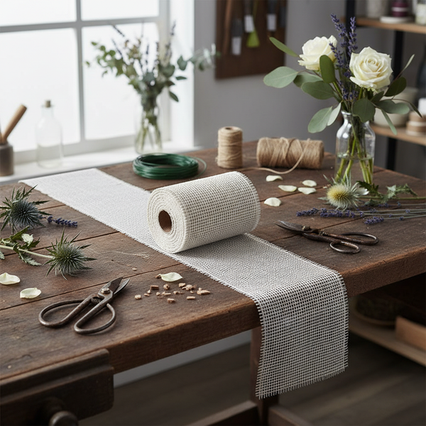 Rolle mit weißem Deko-Gitterband auf einem Holztisch mit Blumenschere, weißen Rosen, Lavendel und Bindfaden.