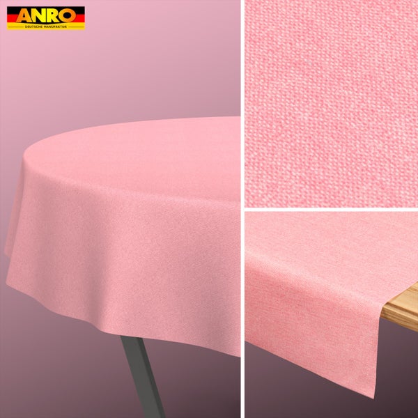 ANRO Logo. Rosa melierte Tischdecke in Leinenoptik, abwaschbar, für innen und außen, in runder und eckiger Form mit Detailansicht der Struktur.