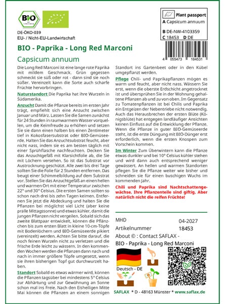 SAFLAX Geschenk Set - BIO - Paprika - Long Red Marconi - Capsicum annuum - 20 Samen - Mit Geschenkbox, Versandaufkleber, Geschenkkarte und Anzuchtsubstrat