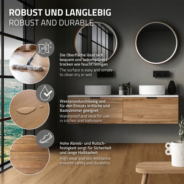 ML-Design Deluxe PVC Bodenbelag, Click Vinyl-Dielen, Vinylboden, 122 cm x 18 cm x 4,2 mm, Dicke 4,2 mm, 1,54m²/7 Dielen, Sandbar Eiche, Braun, Holzoptik, rutschfest, wasserfest, Belastungsklasse 34