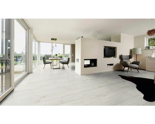 Heller Wohnraum mit Esstisch, Sesseln und hellem Laminatboden.