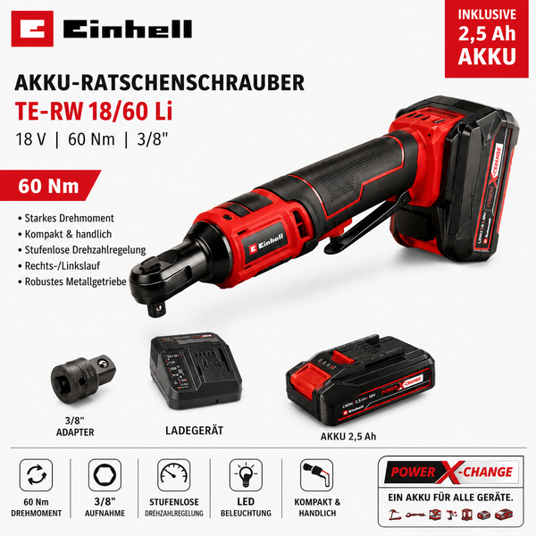 Einhell Akku-Ratschenschrauber TE-RW 18/60 Li mit 2,5 Amperestunden Akku, Ladegerät und 3/8 Zoll Adapter.