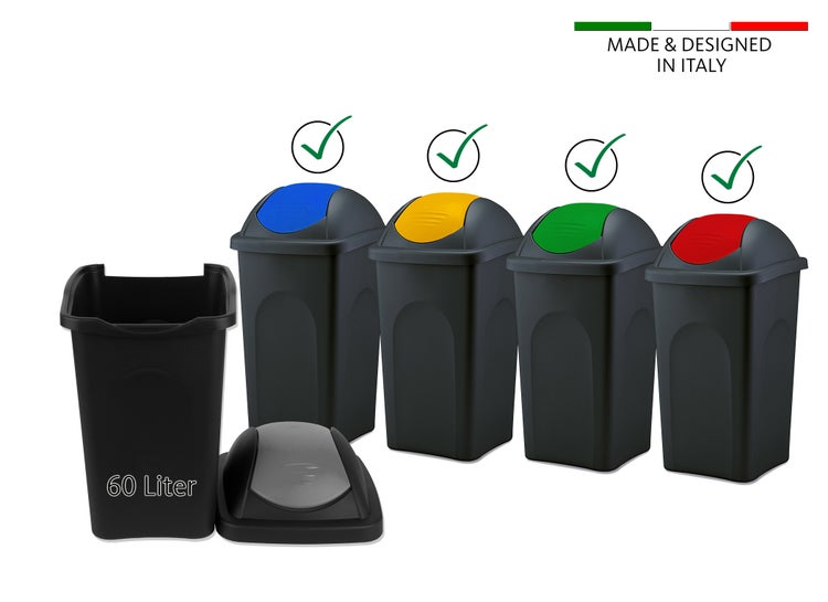 BigDean 4x Mülleimer groß 60L - schwarz - mit Schwingdeckel grün, rot, blau & gelb - aus Kunststoff - Müllsammler Abfalleimer Mülltonne Abfallbehälter - Made in Italy