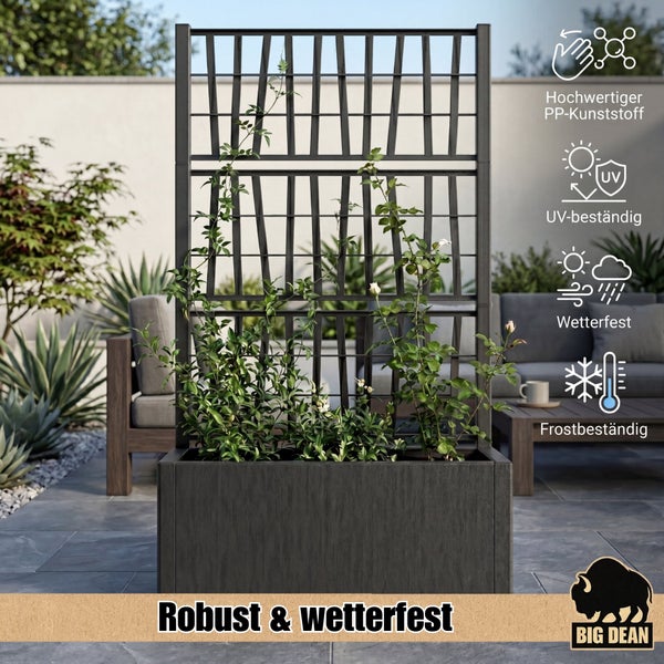 Pflanzkasten mit Rankgitter aus Polypropylen Kunststoff für den Garten, UV-beständig, wetterfest und frostbeständig, Big Dean Logo.