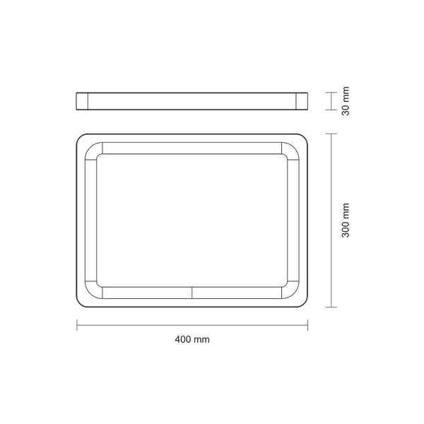 Technische Zeichnung eines rechteckigen Spiegels mit abgerundeten Ecken und den Maßen 400 mm x 300 mm x 30 mm.