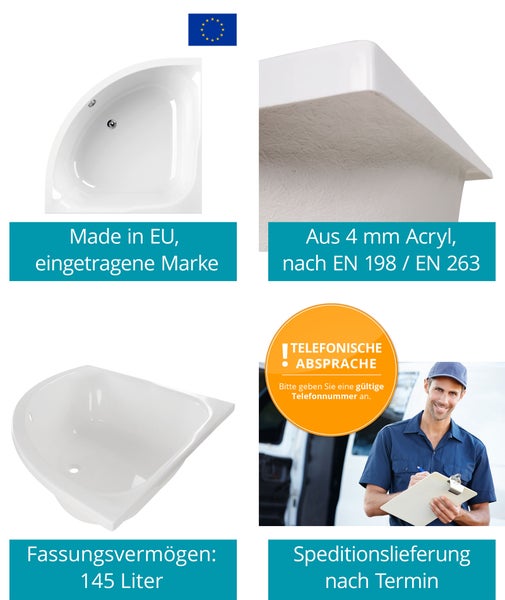 Calmwaters® Eckbadewanne Komplettset 120x120 cm mit Wannenträger & Ablaufgarnitur, Acrylwanne Modern Small 2, Duo-Badewanne für 2, Set Badewanne komplett, Eckwanne 120 x 120 cm, Weiß, 99000046