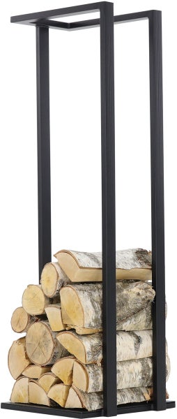 Brennholzregal aus Metall mit Holzscheiten