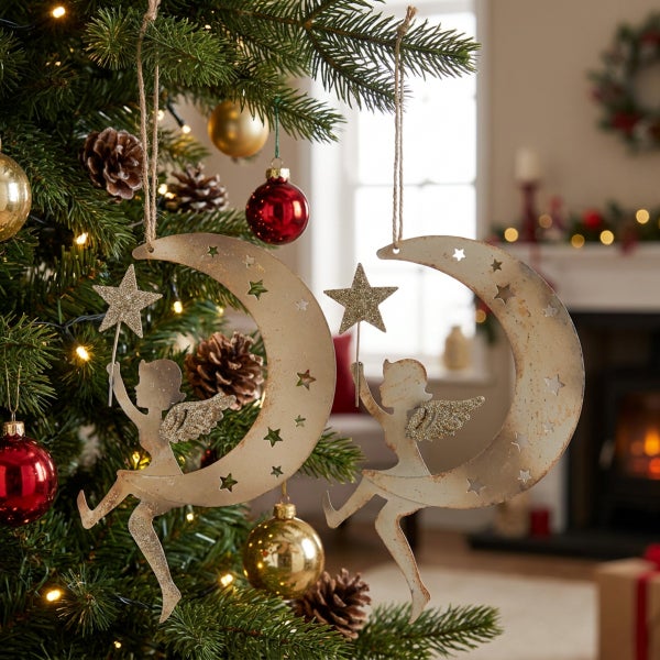 Zwei hängende Weihnachtsbaumanhänger aus Metall in Form von Engeln auf einem Halbmond mit Sternen, dekoriert am Weihnachtsbaum.