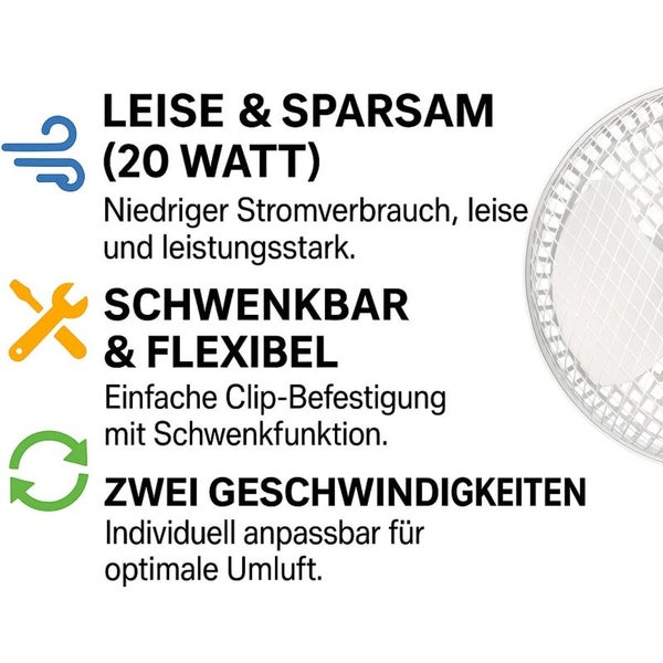 Ventilator-Eigenschaften: 20 Watt, leise und sparsam, schwenkbar mit Clip-Befestigung, zwei Geschwindigkeitsstufen für optimale Umluft.