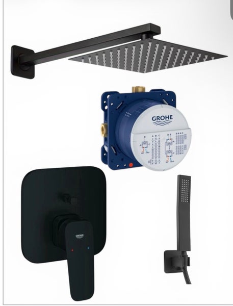 Grohe Unterputz Duschsystem in Schwarz mit quadratischer Kopfbrause, Handbrause, Einhandmischer und Rapido SmartBox.
