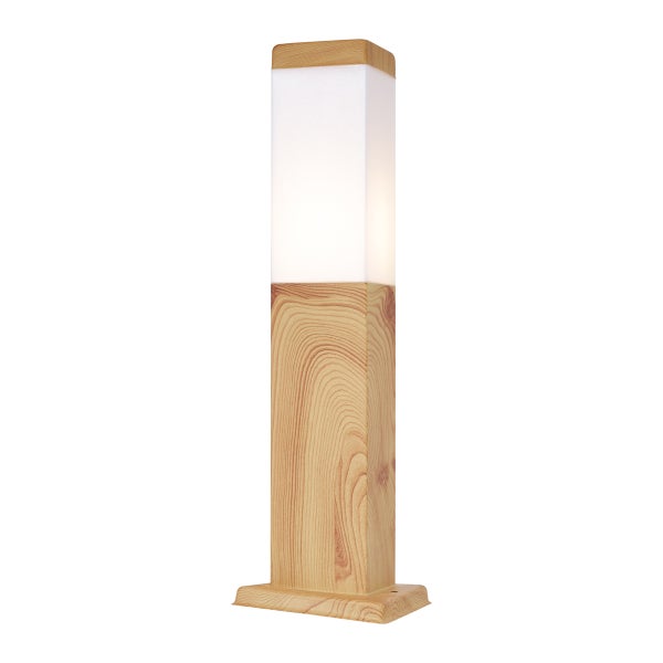 Eckige Außenleuchte in Holzoptik mit weißem Diffusor.