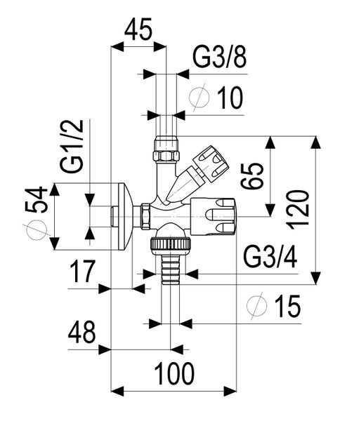 Technische Zeichnung eines Kombi Eckventils mit Maßen in Millimeter und Anschlussgrößen G 1/2, G 3/8 und G 3/4.