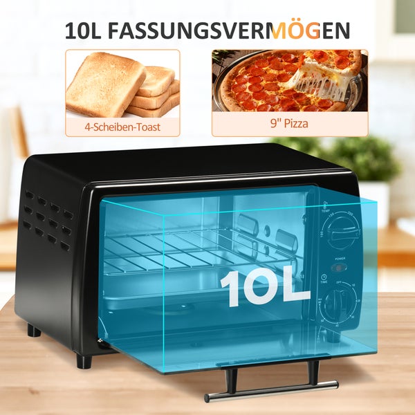 HOMCOM Mini Backofen, 10 Liter, 750W, mit Temperatur bis zu 230 ℃, Timer 60 Minuten, 36,5x26x22 cm, Metall, Schwarz