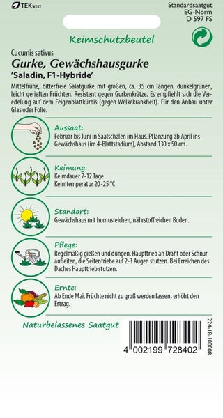 Gurkensamen der Sorte 'Saladin, F1-Hybride' für Gewächshausgurken