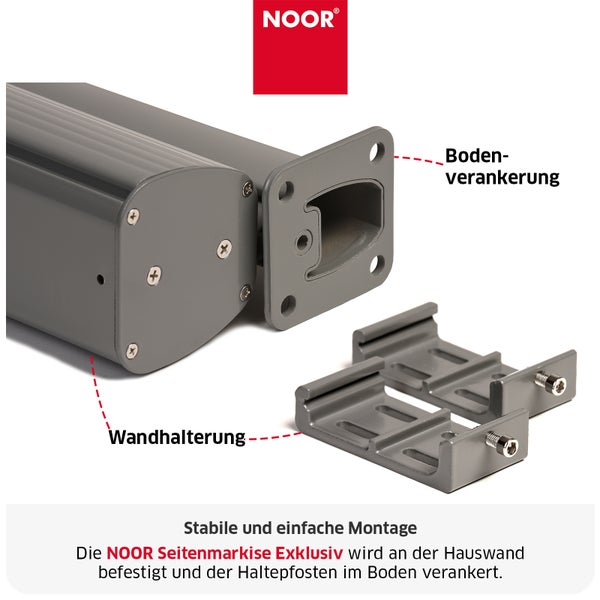 Montagezubehör für Noor Seitenmarkise Exklusiv mit Wandhalterung und Bodenverankerung zur einfachen und stabilen Befestigung.