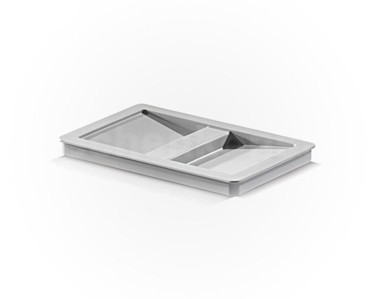 Graue, rechteckige Einsatzbox aus Kunststoff mit zwei abgeschrägten Fächern zur Organisation von Kleinteilen.