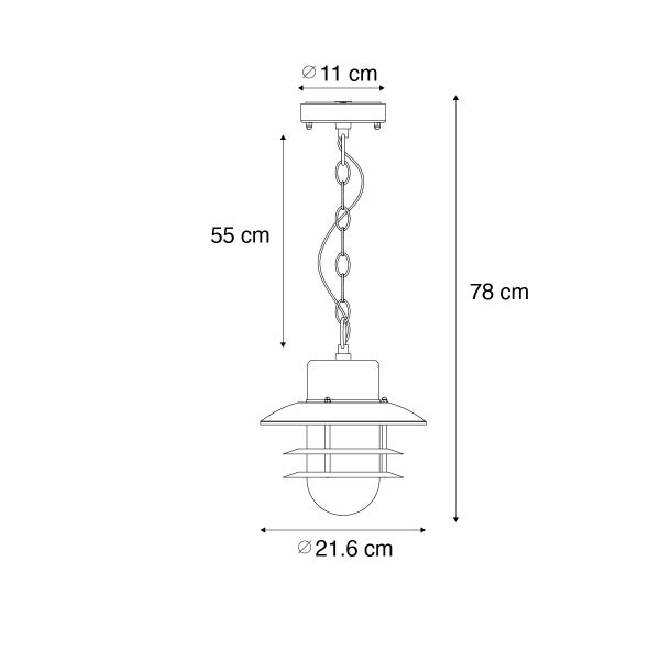 Maßzeichnung einer Pendelleuchte: Gesamthöhe 78 Zentimeter, Kettenlänge 55 Zentimeter und Durchmesser 21,6 Zentimeter.