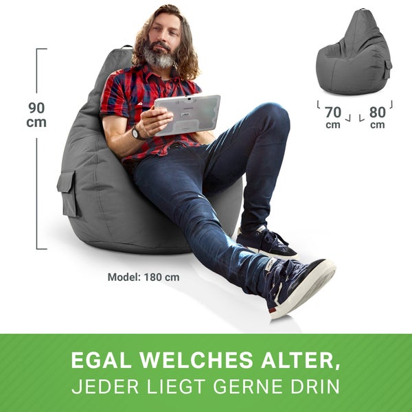 Green Bean Sitzsack mit Rückenlehne 80x70x90cm - Gaming Chair mit 230L Füllung Kuschelig Weich Waschbar - Bean Bag Bodenkissen Lounge Chair Sitzhocker Relax-Sessel Gamer Gamingstuhl Grau