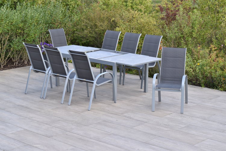 Amalfi di Lusso Set 9tlg., 8 Stapelsessel, Semi-Ausziehtisch 180 (250) x 100 cm, silber/anthrazit