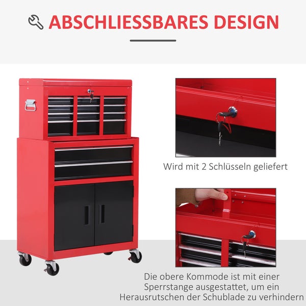 HOMCOM Werkstattwagen mit Werkzeugkasten Werkzeugwagen leer abschließbar mit 6 Schubladen, Schrankfach, Antirutschmatten, 2 Schlüssel Werkzeugschrank Metall Rot+Schwarz