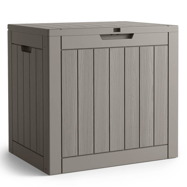 Wetterfeste Gartenbox aus Kunststoff in Holzoptik für Auflagen und Gartenzubehör.