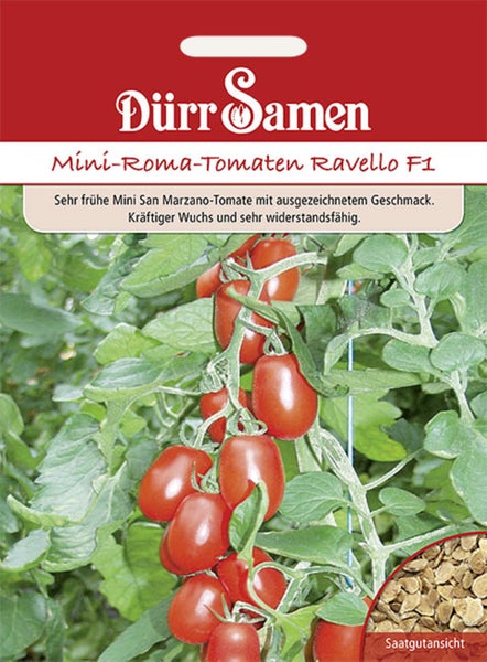 Dürr Samen Mini-Roma-Tomaten Ravello F1 Samenpackung mit Abbildung reifer Tomaten an der Pflanze und Detailansicht der Samen.