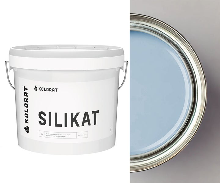 Kolorat Silikat Wandfarbe und Deckenfarbe für innen im fünf Liter Eimer mit einem metallischen Farbbehälter gefüllt mit blauer Farbe.