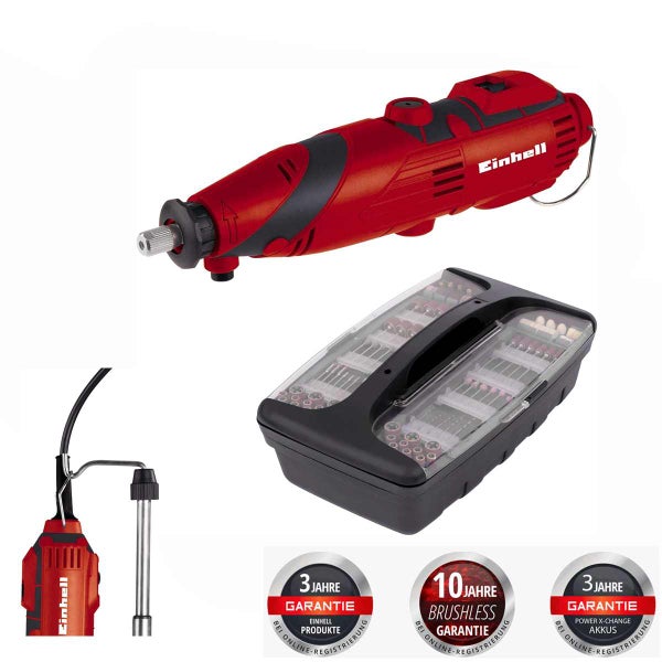 Einhell Akku-Schleif- und Gravur-Werkzeug mit Zubehörset im Koffer, biegsamer Welle und Hinweisen zur Herstellergarantie.