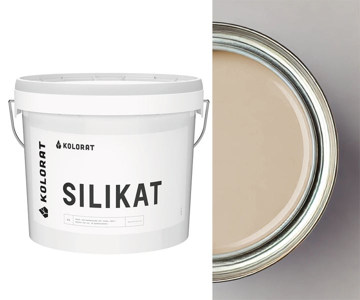Kolorat Silikat Wand- und Deckenfarbe im 5 Liter Eimer mit Blick in den offenen Farbeimer.