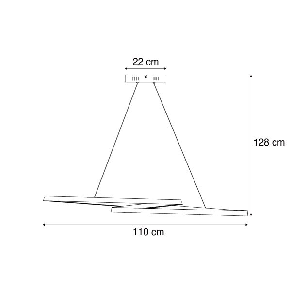 Technische Zeichnung einer Hängeleuchte mit den Maßen 110 cm Breite, 128 cm Höhe und 22 cm Deckenbefestigungsbreite.