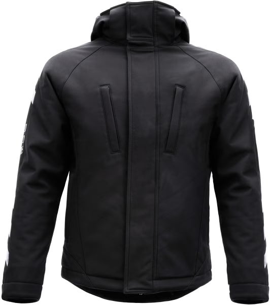 Wetterfeste Arbeitsjacke mit Kapuze, verdecktem Frontreißverschluss und vertikalen Brusttaschen.