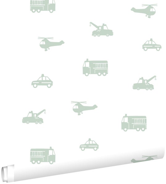 ESTAhome Tapete Autos, Löschfahrzeuge, Hubschrauber und Kräne Mintgrün auf Weiß - 53 cm x 10,05 m - 128856