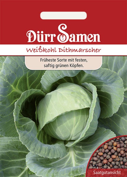 Dürr Samen Logo. Samentüte für Weißkohl Dithmarscher mit einer Abbildung eines Kohlkopfes und einer Ansicht der Samen.