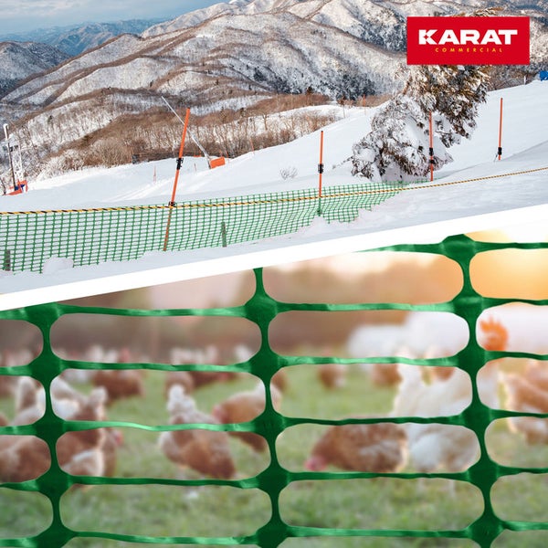 Kunststoff-Absperrnetz und Geflügelzaun für Schnee und Tierhaltung. Karat Commercial Logo.