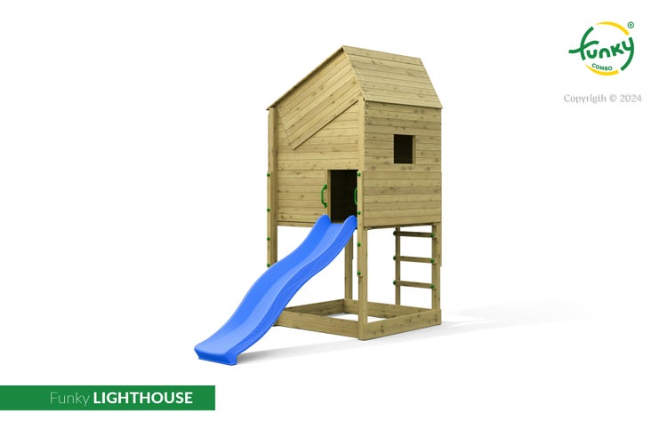 Funky Combo Holzspielhaus LIGHTHOUSE mit blauer Rutsche, Leiter und Sandkasten.