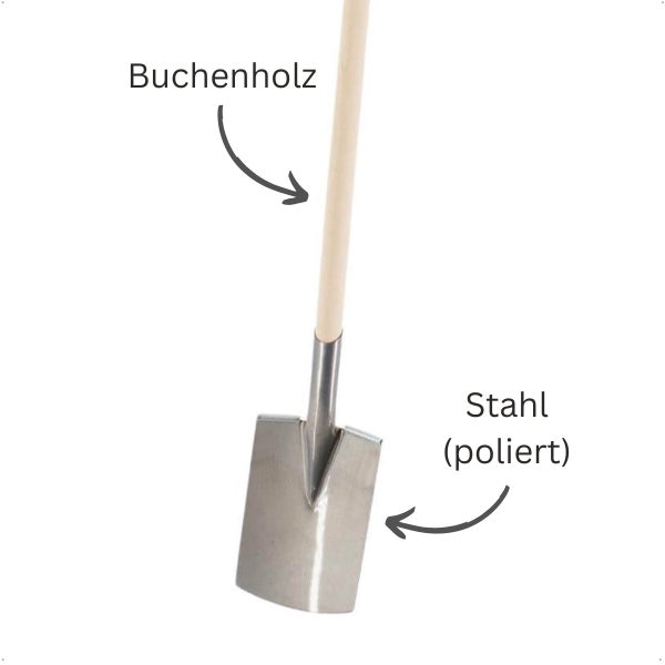 Spaten mit einem Stiel aus Buchenholz und einem Blatt aus poliertem Stahl.