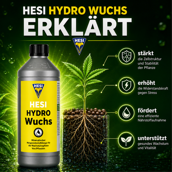 Hesi Hydro Wuchs mineralischer Dünger für die Wachstumsphase mit Erklärgrafik zu Wirkung und Anwendung für Pflanzen in Hydrokulturen.