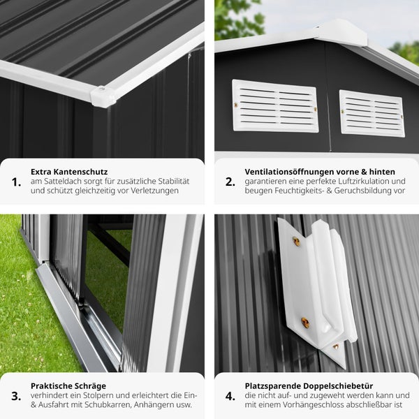 Detailansichten eines Gerätehauses, die Kantenschutz, Belüftungsöffnungen, eine praktische Rampe und eine platzsparende Schiebetür zeigen.