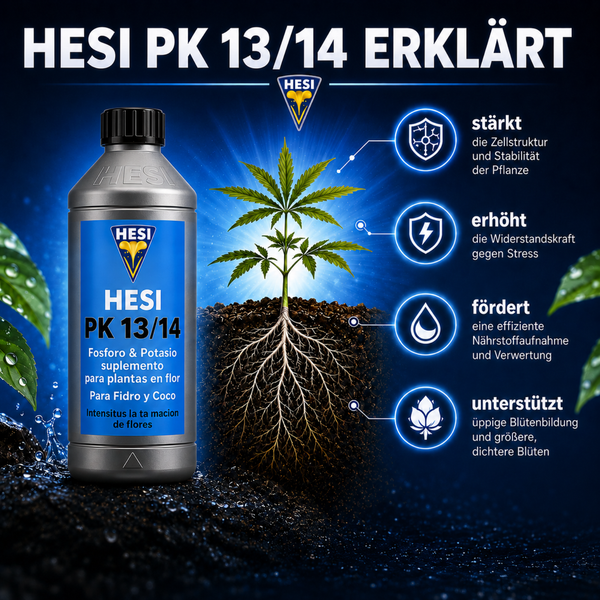 Hesi PK 13 14 Pflanzendünger Flasche mit Informationen zu Wirkungsweise und Vorteilen für das Pflanzenwachstum und die Blütenbildung.