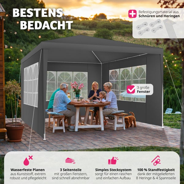 Pavillon tectake Baraban inklusive Spannseile und Heringe 3 x 3 m grau
