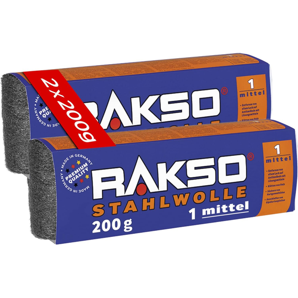 Rakso Stahlwolle Grad 1 mittel, Doppelpackung mit 2 mal 200 Gramm.