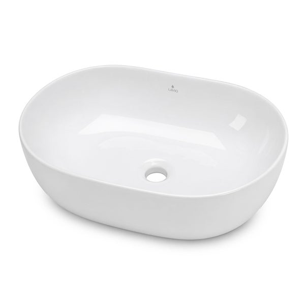 Ovales Aufsatzwaschbecken aus weißer Keramik mit Lavio Logo.