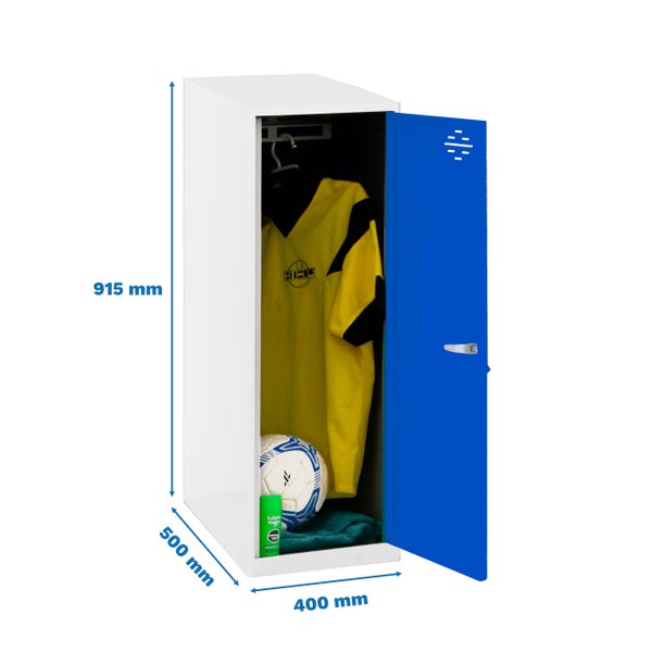 Weißer Garderobenschrank mit blau geöffneter Tür, Maße 915 x 500 x 400 mm, inklusive Inhalt.
