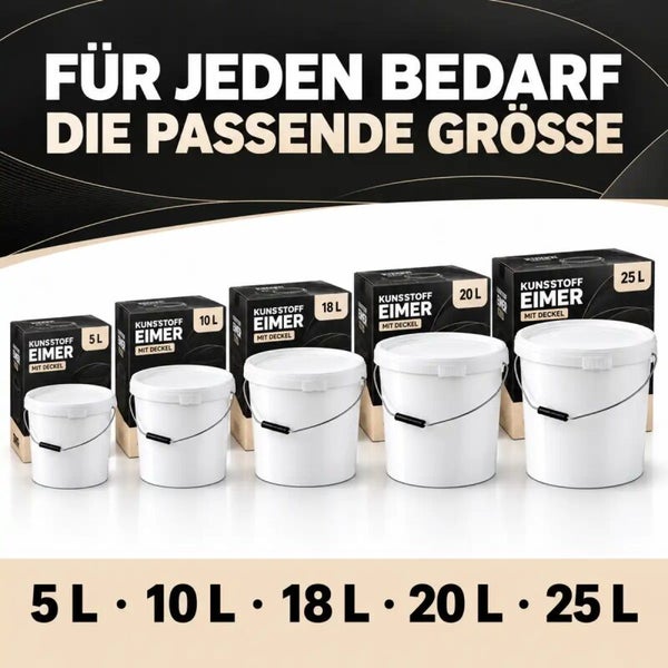 Eine Auswahl an Kunststoff Eimern mit Deckel in verschiedenen Größen von 5 Liter bis 25 Liter.