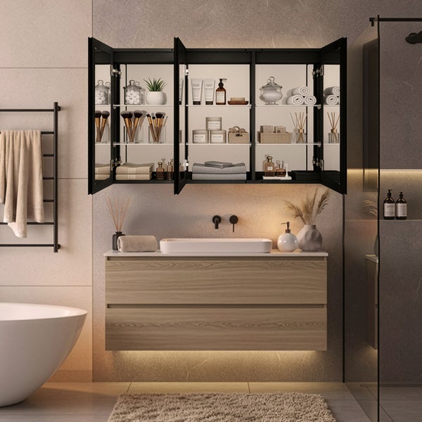 Home Deluxe LED-Spiegelschrank EVE Schwarz 100 x 80 cm I Unterputz-Montage, Antibeschlagsystem, Kosmetikspiegelschrank, Badezimmerspiegelschrank, Touch-Bedienung, Stufenloses Dimmen, Glasböden,